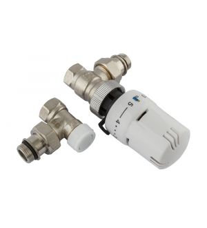 KIT VALVOLA E DETENTORE A SQUADRA DA 1/2" x 1/2" ATTACCO FERRO CON TESTA TERMOSTATICA A LIQUIDO