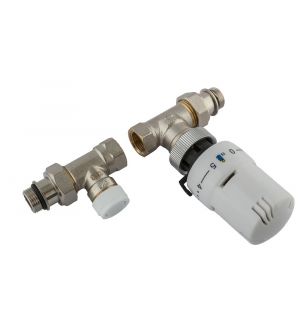 KIT VALVOLA E DETENTORE DIRITTI DA 3/8" x 3/8" ATTACCO FERRO CON TESTA TERMOSTATICA A LIQUIDO